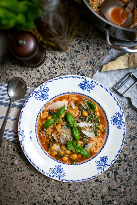 Tomato, Spinach, Chickpea Angel Hair Soup | DonalSkehan.com, A great warming and tasty veggie dinner option.