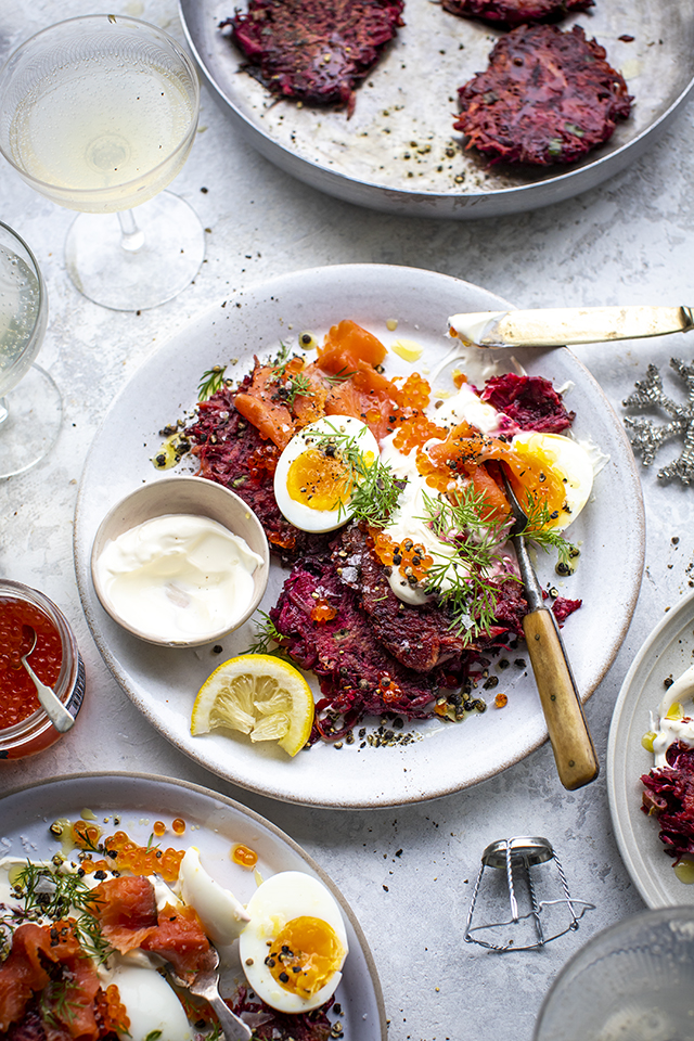 Beetroot Latkes & Smoked Trout with Horseradish Dill Creme Fraiche | DonalSkehan.com