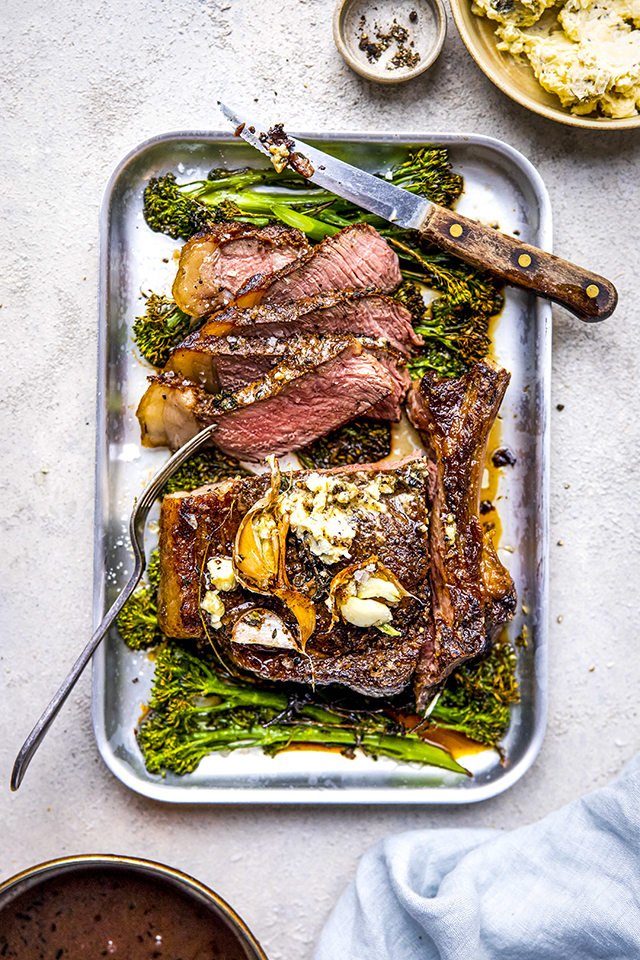 Pan Fried Rib Eye with Blue Cheese Butter & Greens | DonalSkehan.com