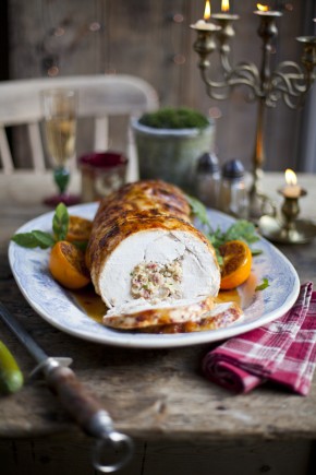 Boned and Rolled Maple and Orange Glazed Turkey with Apple and Smoked Bacon Stuffing | DonalSkehan.com, A new twist on traditional Turkey.