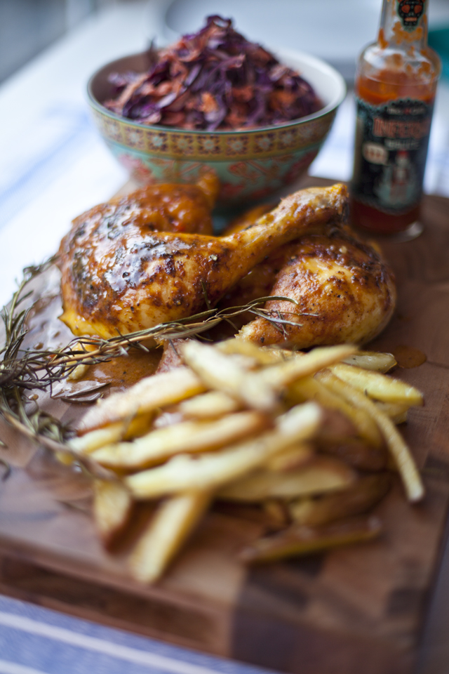 Spatchcocked Buffalo Chicken with Rosemary Roast Chips and Red Cabbage ...