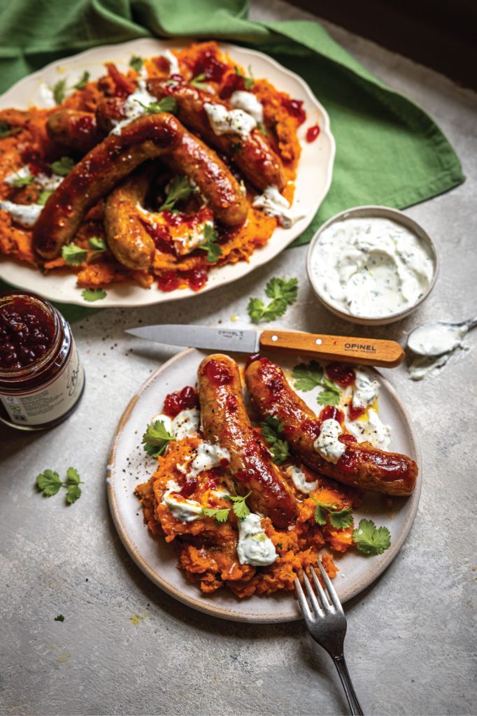 Sticky Chilli Jam Sausages with Sweet Potato Mash, Yoghurt & Coriander | DonalSkehan.com