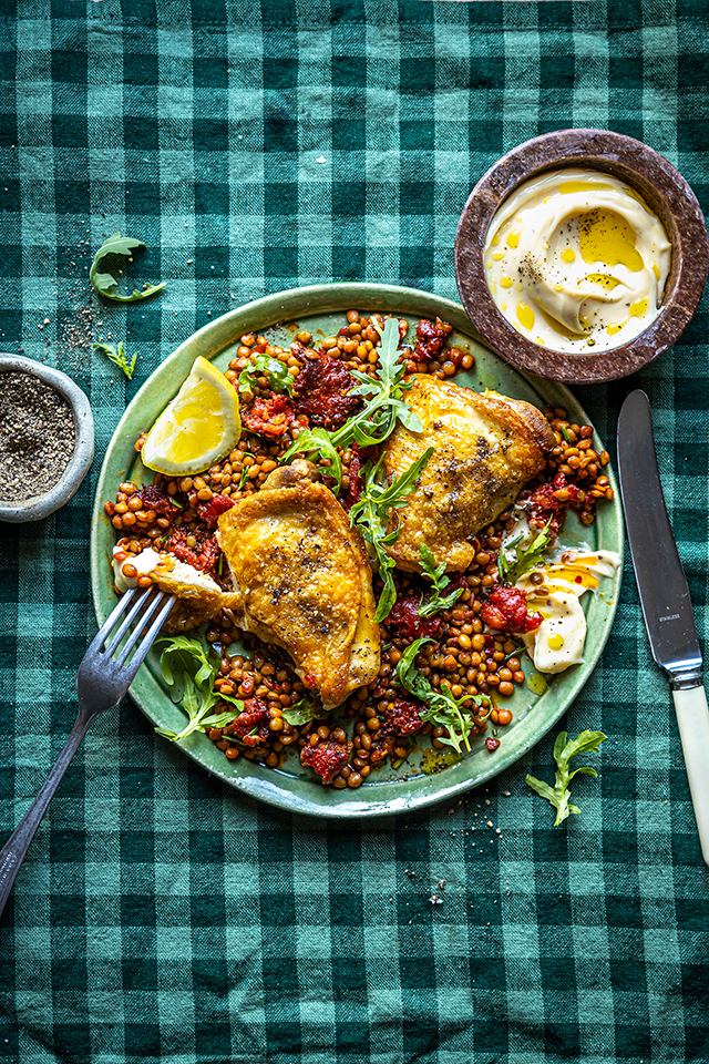 Spiced Chicken with Chorizo Lentils | DonalSkehan.com