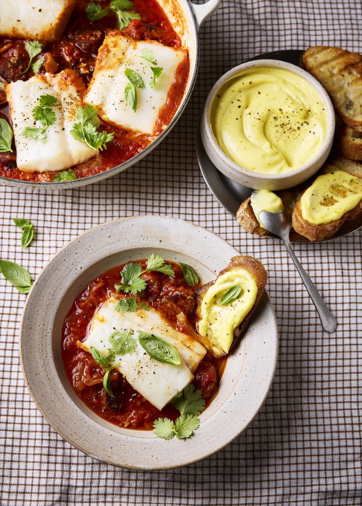 Chorizo & White Fish Stew with Roast Peppers & Garlic Toasts | DonalSkehan.com