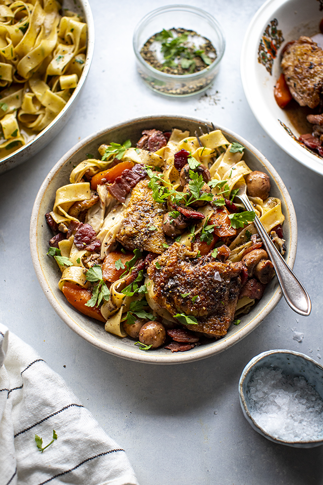 Pressure Cooker Coq Au Vin with Brown Butter Parsley Pasta | DonalSkehan.com