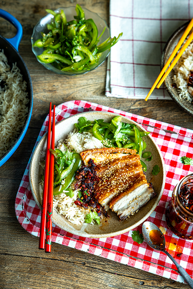 Crispy Pork Belly with Spicy Rice & Super Slaw | DonalSkehan.com