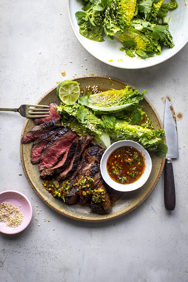 Steak with Crying Tiger Sauce and Sesame Baby Gem Salad | DonalSkehan.com