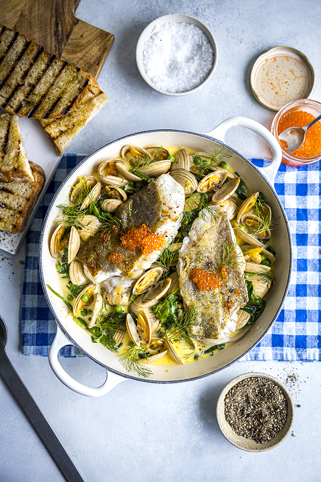 Donals One Pan Fish Clams With Creamy Peas Spinach Donal Skehan