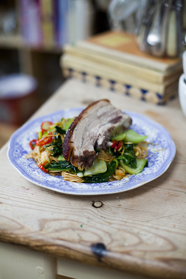 Chinese Five-spice Pork Belly with Chilli Noodles and Asian Greens | DonalSkehan.com, Crispy crackling and tender pork belly...Perfection!