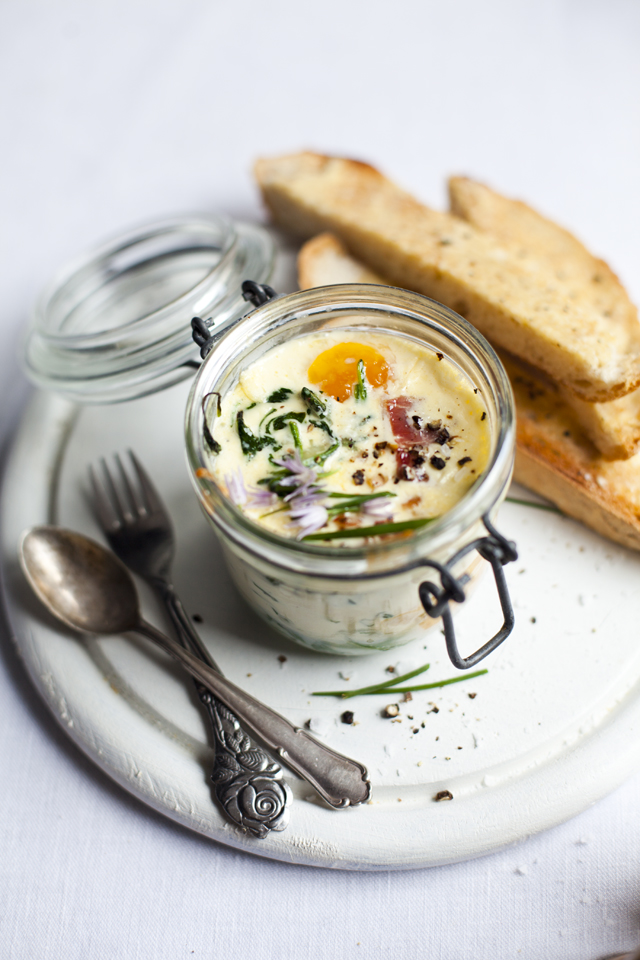 Baked Eggs with Spinach and Ham | DonalSkehan.com, My coddled egg recipe with salty ham, iron-rich spinach and tangy goat's cheese.