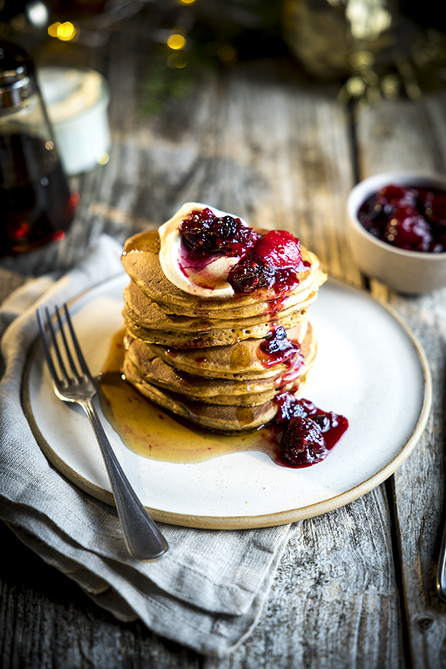 Gingerbread Pancakes with Warm Berry Compote | DonalSkehan.com