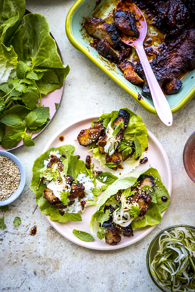 Gochujang Pork Belly Strips with Lettuce Leaves & Cucumber | DonalSkehan.com