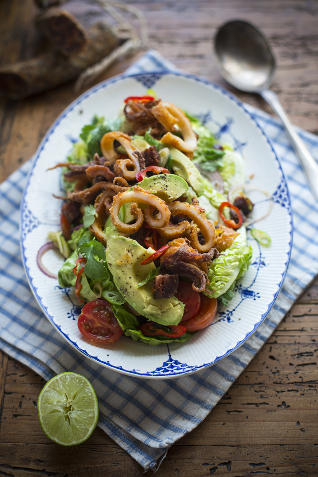 Crispy Squid & Chorizo Salad with Deconstructed Guacamole | DonalSkehan.com, Delicious summer starter, perfect for sharing. 