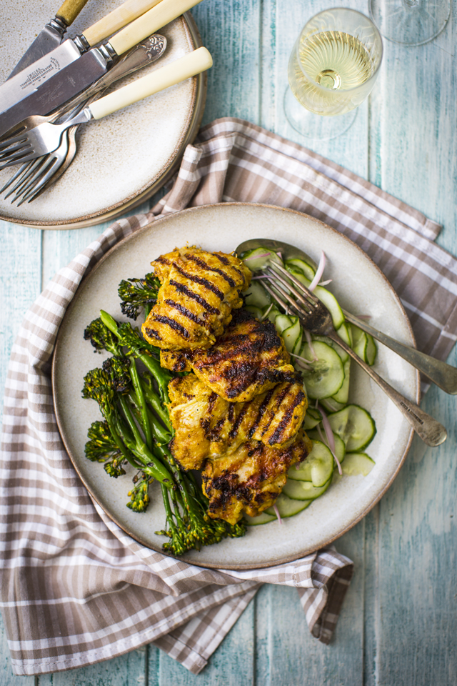 Indian Spiced Yoghurt Grilled Chicken Thighs with Pickled Cucumber Salad | DonalSkehan.com, Great dish that's easily adaptable. 