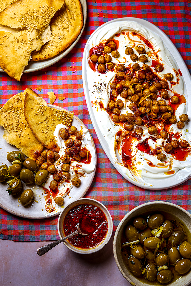 Labneh Dip with Rose Harissa, Crispy Sesame Flatbreads, Spiced Roasted Chickpeas, and Quick Marinated Olives | DonalSkehan.com