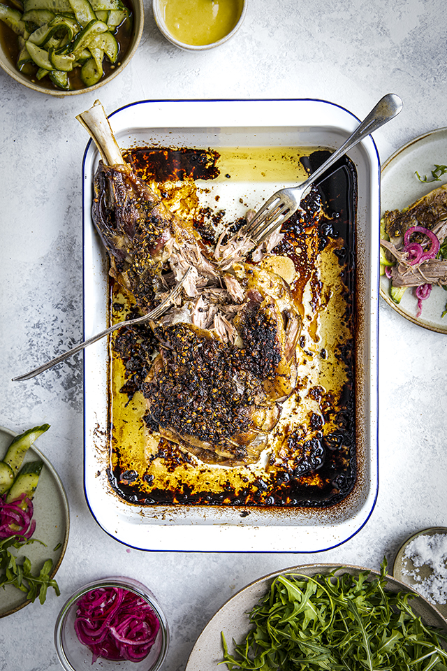 Slow Roast Shoulder of Lamb with Rocket, Spiced Pickled Cucumber, Quick Pickled Red Onion with Addictive Garlic Aioli | DonalSkehan.com