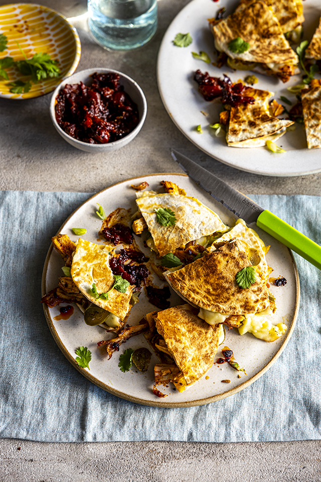 Spicy Turkey and Brie Quesadillas with Pantry Salsa | DonalSkehan.com