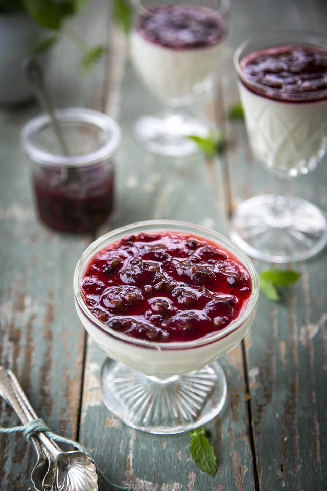 Lingonberry Jam & White Chocolate Panna Cotta | DonalSkehan.com, Perfect make ahead dinner party dessert. 