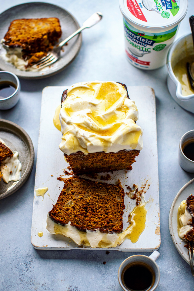 Spiced Pear & Yogurt Loaf | DonalSkehan.com, I’m delighted to be teaming up with Stonyfield Organic to bring you this delicious Spiced Pear and Yogurt Loaf recipe. Last month I attended their virtual farm tour, which Noah & I thoroughly enjoyed, as we got to really understand the stories of the farmers & families behind the ingredient. Stonyfield source their yogurt from organic family farms and it was just brilliant to meet the people behind the product.