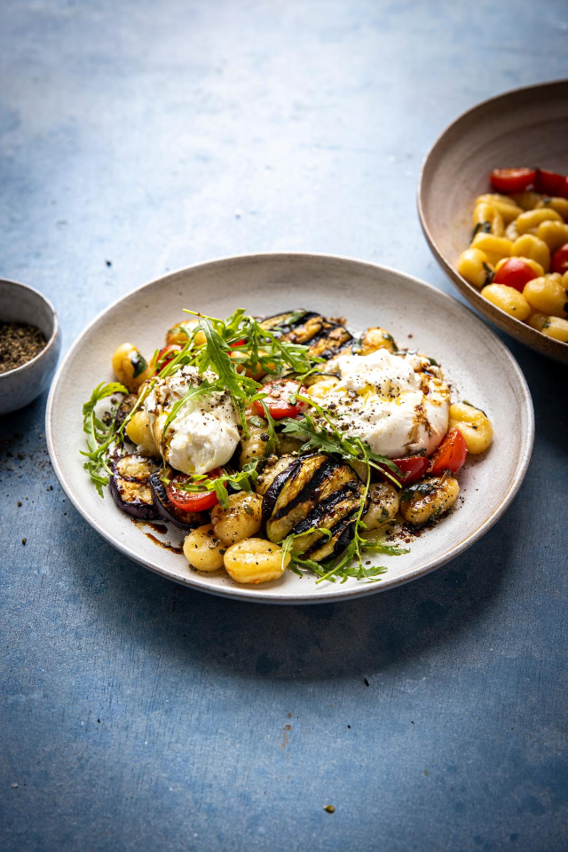 Grilled Aubergine Gnocchi Balsamic Tomatoes & Burrata | DonalSkehan.com