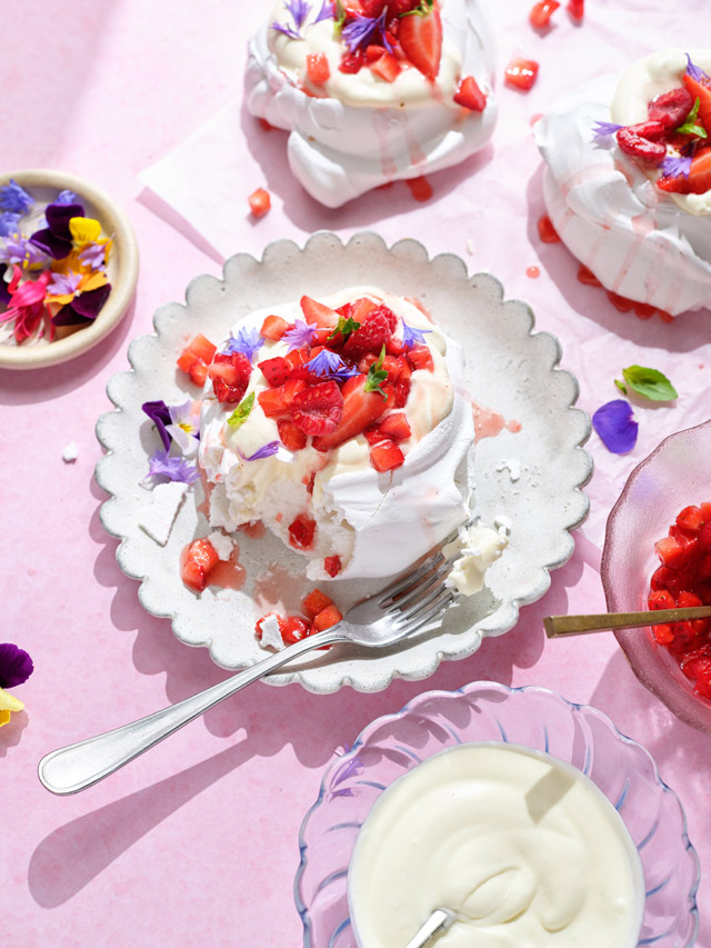 Sweet Meringue Clouds with Sweetened Cream, Berries & Flowers | DonalSkehan.com
