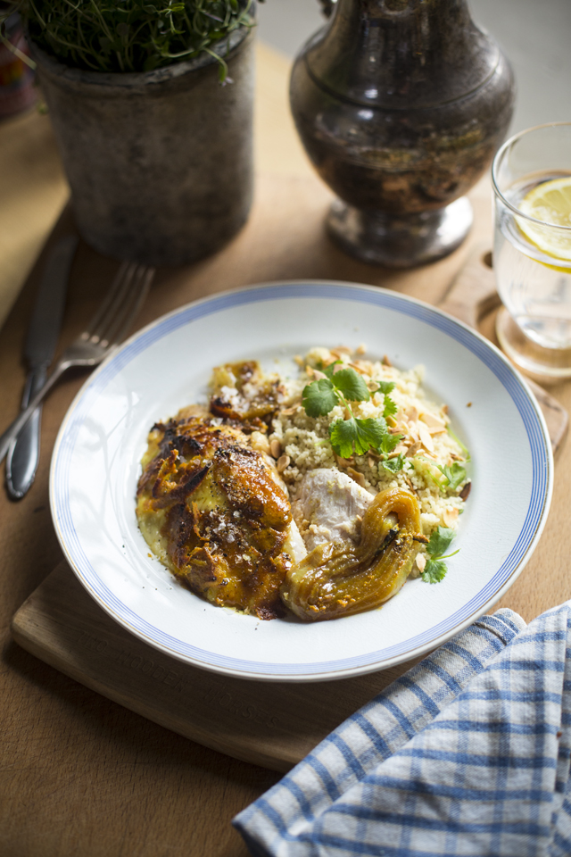 Baked Indian Chicken with Cardamom, Coriander and Almond Couscous | DonalSkehan.com, A nice change from a traditional roast chicken. 