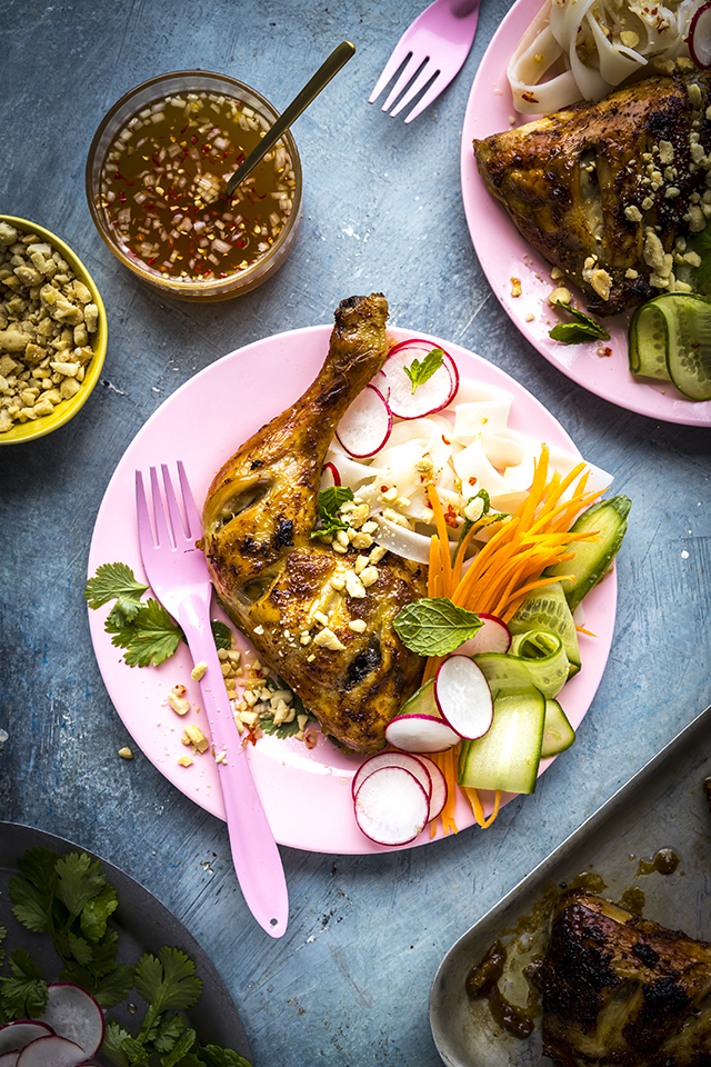 Nam Jim Roast Chicken Legs with Flat Rice Noodles | DonalSkehan.com