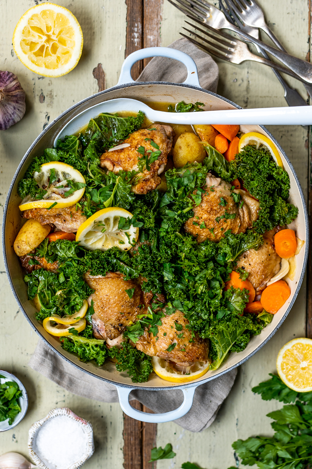 One Pan Roast Chicken | DonalSkehan.com, Tender chicken mixed with potatoes, greens and a kick of lemon.