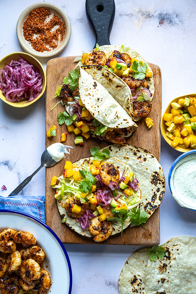 Griddled Blackened Prawn Tacos with Mango Salsa, Pickled Red Onion and Coriander Lime Crema | DonalSkehan.com