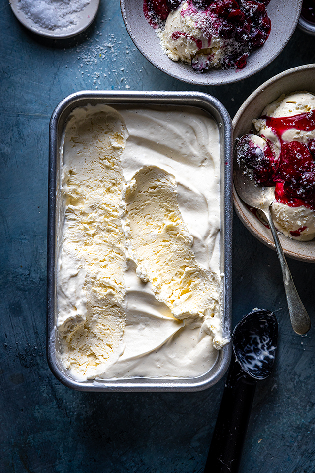 Cheat’s No Churn Vanilla & Sea Salt Ice-Cream with Roasted Frozen Berries and Grated White Chocolate | DonalSkehan.com