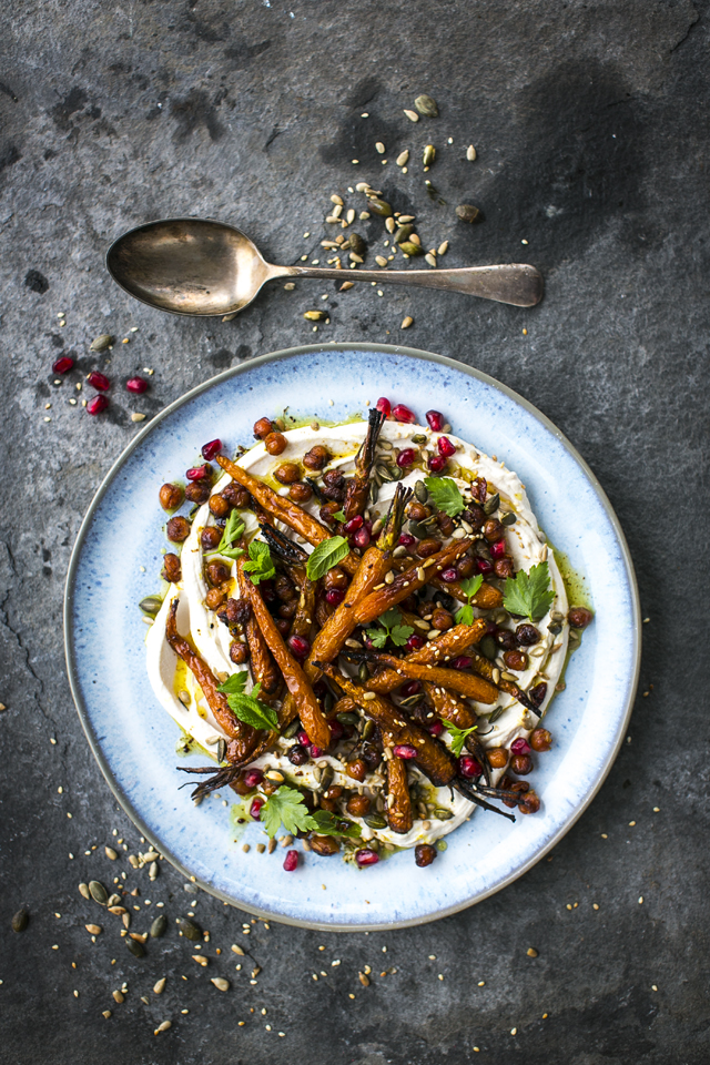 Private: Sticky Roast Carrots & Chickpea Salad | DonalSkehan.com, Sticky roast carrots & chickpeas with taghourt (tahini and yoghurt), pomegranate & toasted seeds.