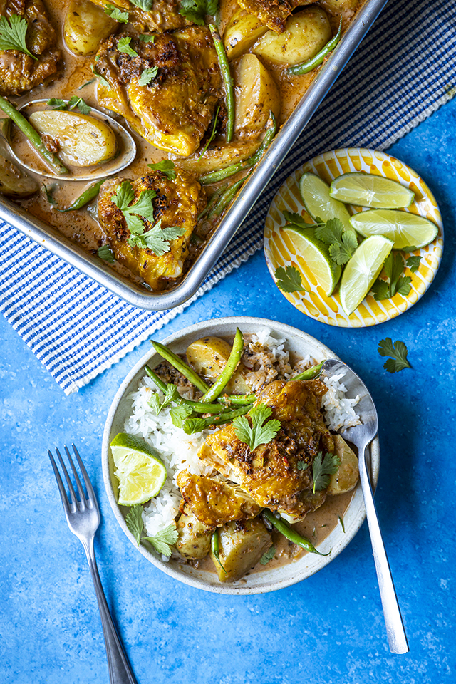 Roasted Panang Chicken Curry with Potatoes & Green Beans | DonalSkehan.com