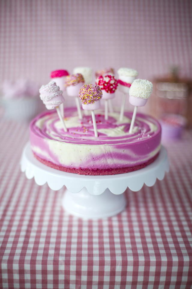 Slightly Bonkers Pink Zebra Cheesecake with Marshmallow Pops | DonalSkehan.com, Perfect for a little girls birthday party or for anyone who loves PINK! 