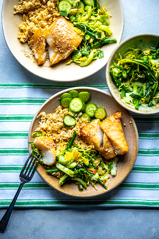 Soy Brined Cod with Cauliflower & Garlic Greens | DonalSkehan.com