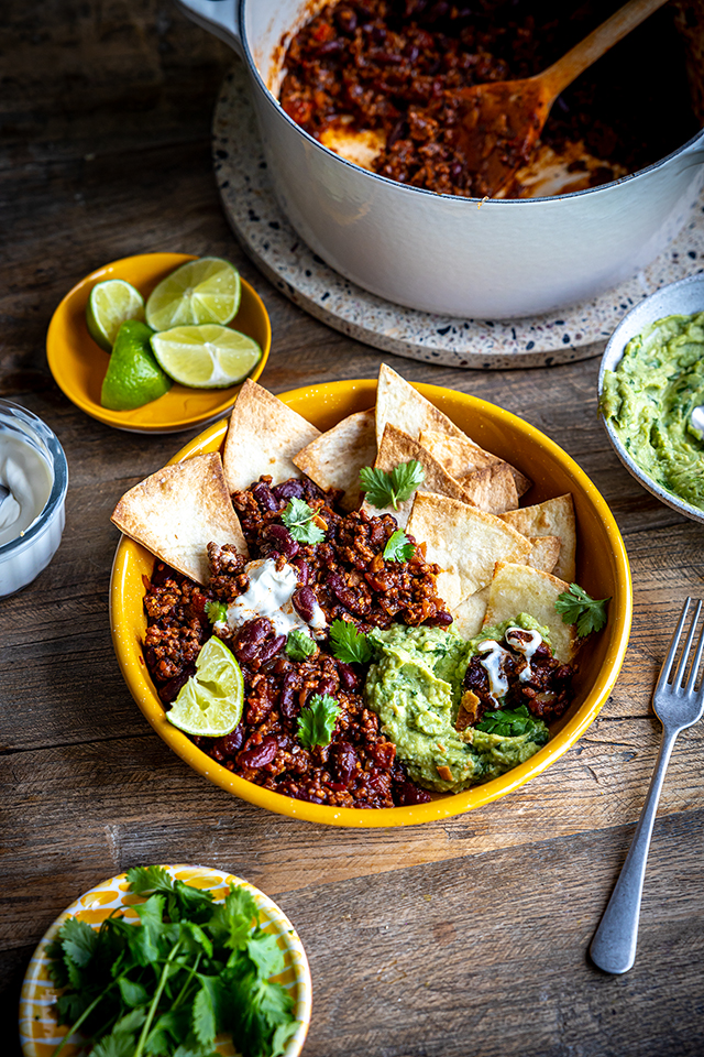 Speedy Chilli with Homemade Air Fryer Tortilla Chips & Blitzed Guac | DonalSkehan.com