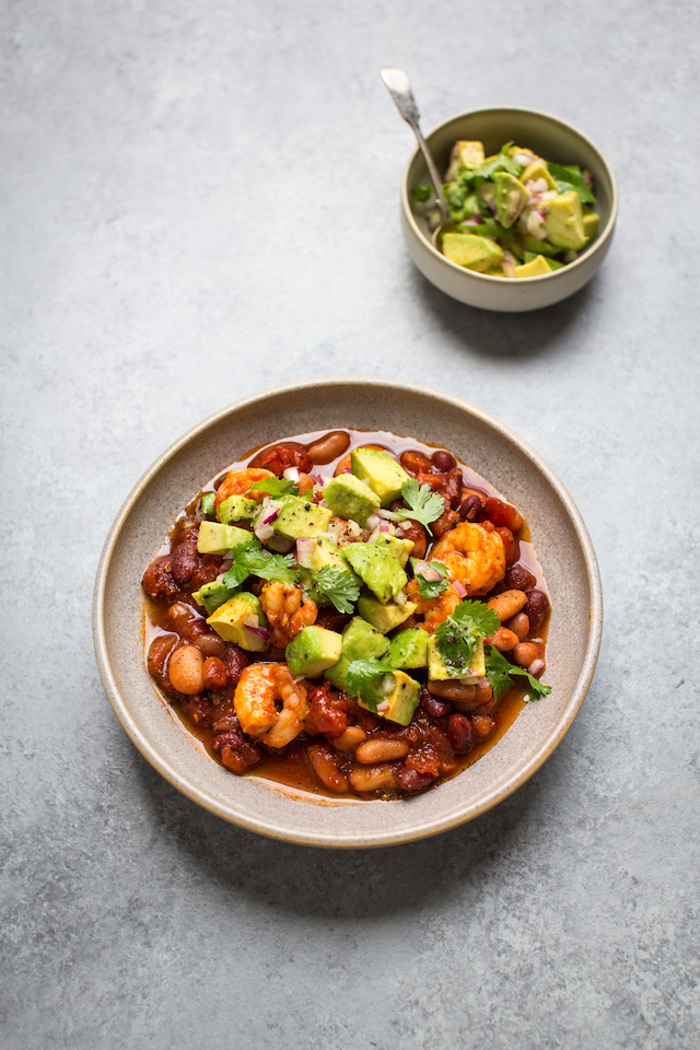 Spiced Prawns with Mexican Bean Stew & Avocado Salsa | DonalSkehan.com