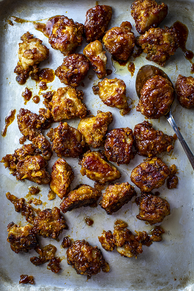 Sheet Pan Sticky Soy & Ginger Popcorn Chicken with Rice & Shaved Veggies | DonalSkehan.com