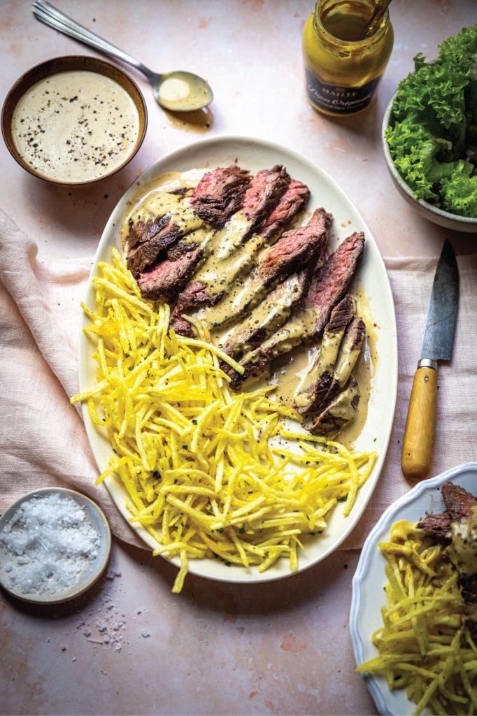 Bavette Steak au Poivre with Brandy Cream Sauce & Shoestring Fries | DonalSkehan.com