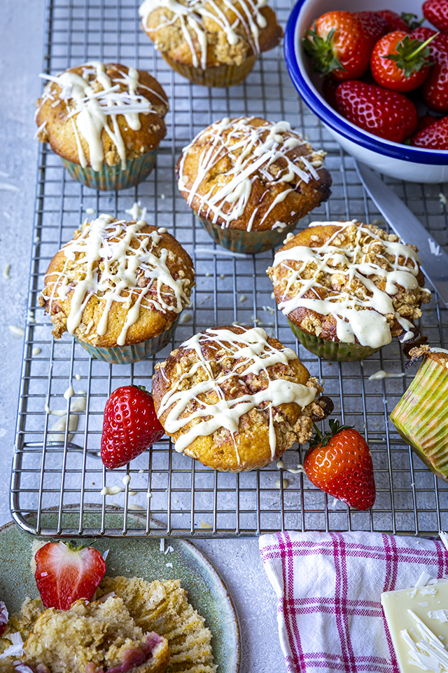 Roasted Strawberry & White Chocolate Streusel Muffins | DonalSkehan.com