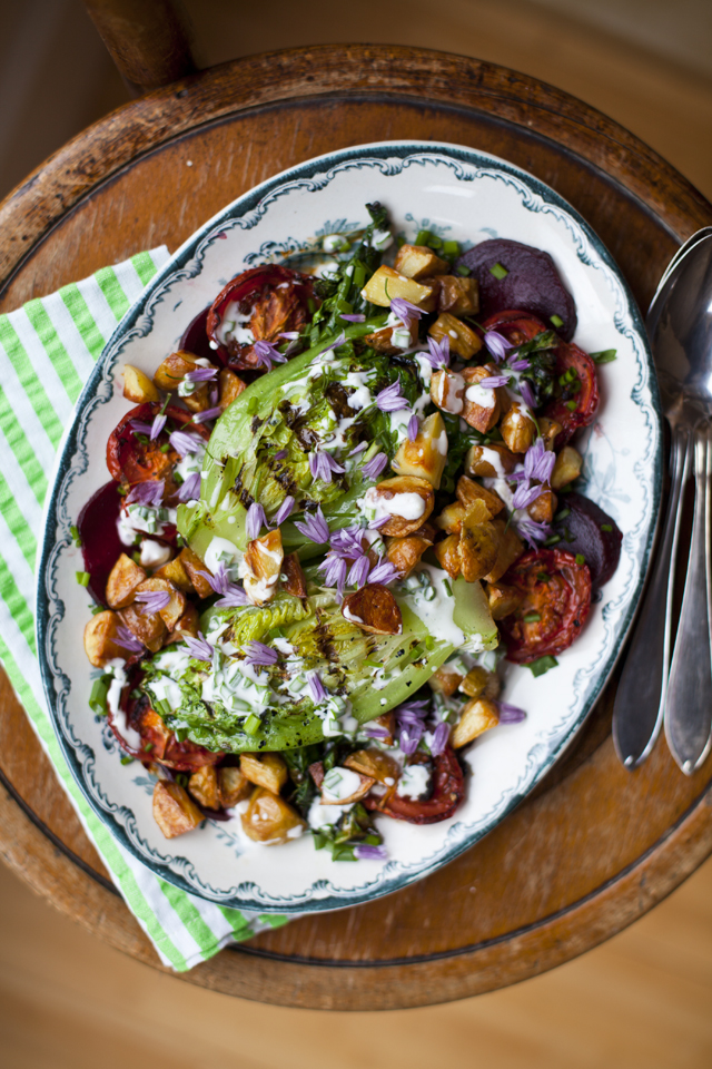 Griddled Baby Gem Lettuce with Beetroot, Roast Tomatoes and a Buttermilk Dressing | DonalSkehan.com, A vegetarian salad perfect on a warm summer's evening. 