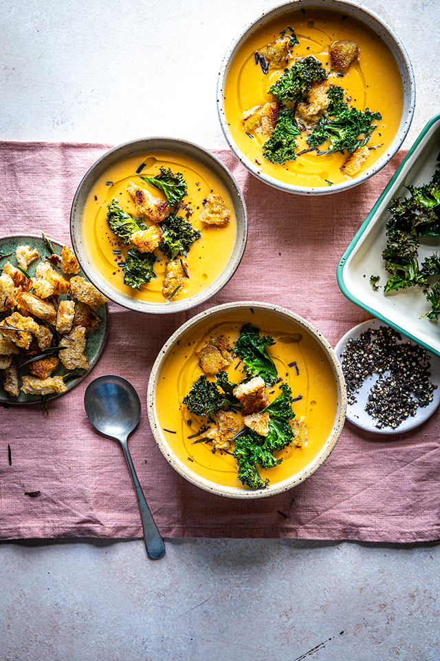 Silky Smooth Sweet Potato Soup with Airfryer Kale Chips & Rosemary Croutons | DonalSkehan.com