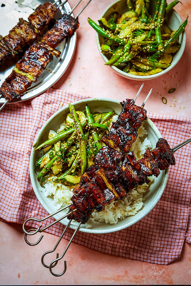 Yakitori-style Pork Belly Skewers with Black Garlic Glaze & Blistered Green Bean & Cucumber Salad with Ginger-Soy Dressing | DonalSkehan.com