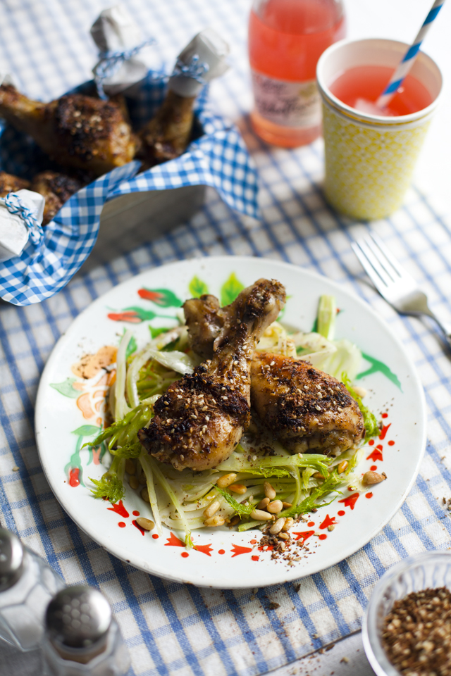 Za’atar Chicken Drumsticks with Shaved Fennel Salad | DonalSkehan.com, These chicken drumsticks are as good cold as they are fresh from the oven! Perfect picnic food! 