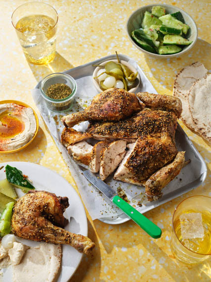 Za’atar Chicken Plates with Cucumber Salad, Hummus & Pickles | DonalSkehan.com