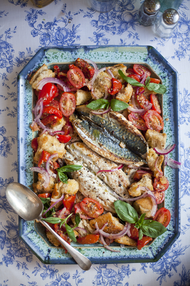 Mediterranean Mackerel with a Tomato Panzanella Salad | DonalSkehan.com, Delicious summer salad!
