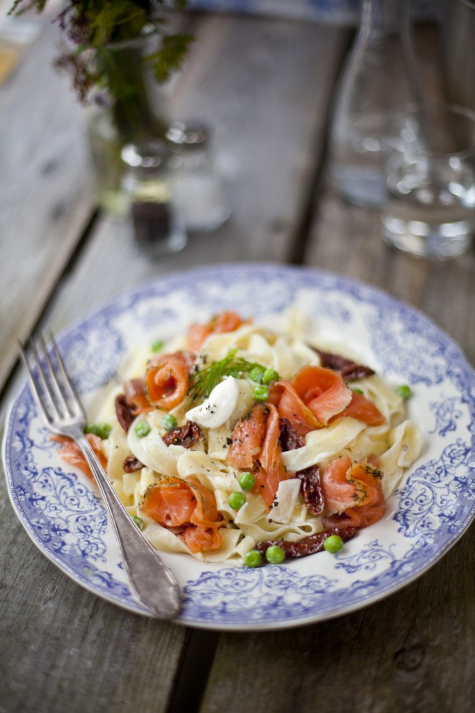 Creamy Salmon Tagliatelle with Garden Peas and Sundried Tomatoes | DonalSkehan.com, Delicious, quick and healthy pasta!