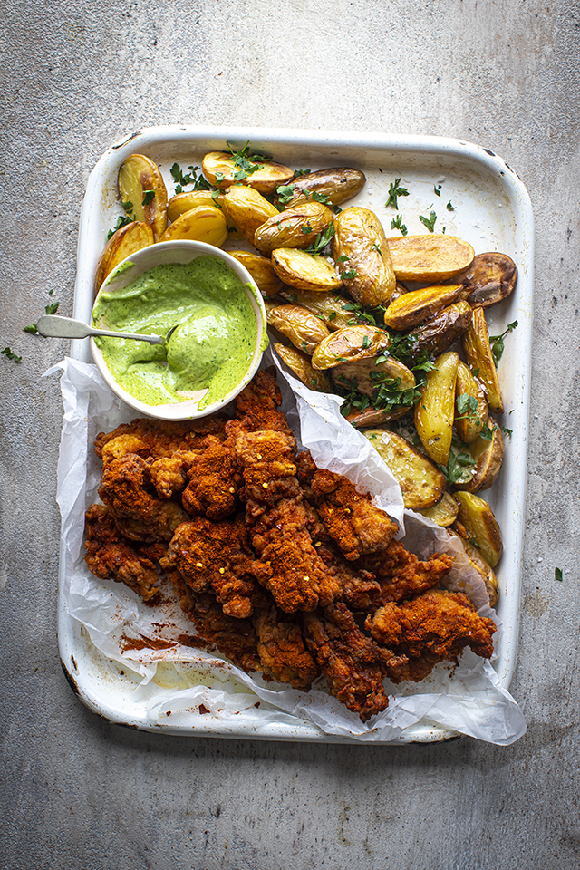 Harissa Fried Chicken with Garlic & Herb Aioli | DonalSkehan.com