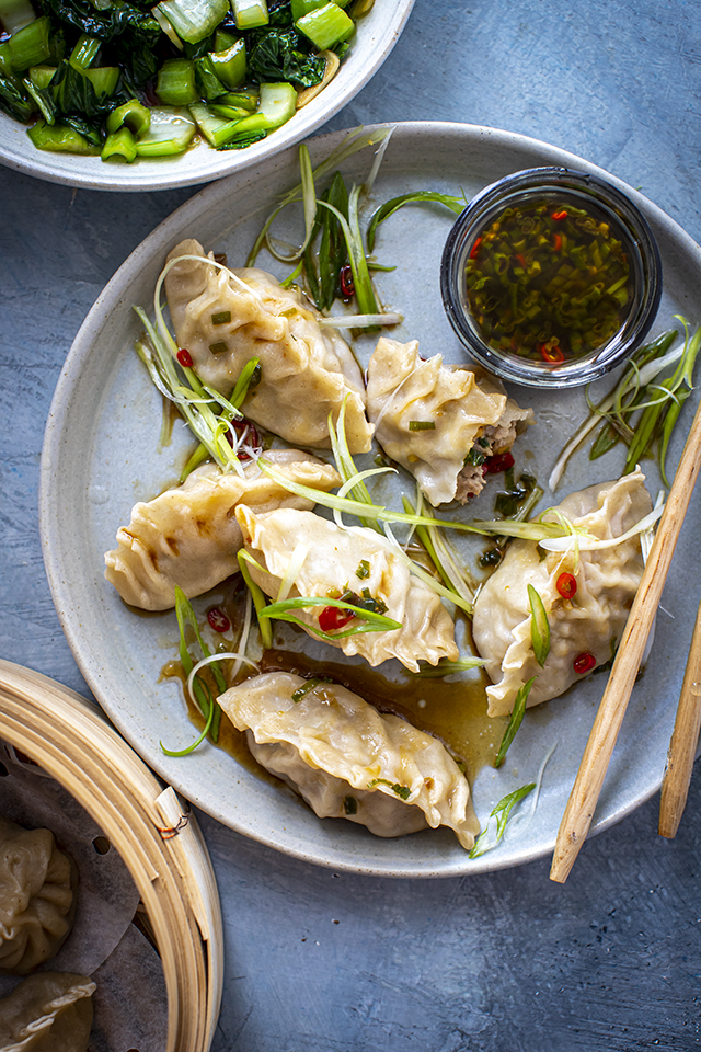 Homemade Dumplings with Dipping Sauce & Garlic Greens | DonalSkehan.com