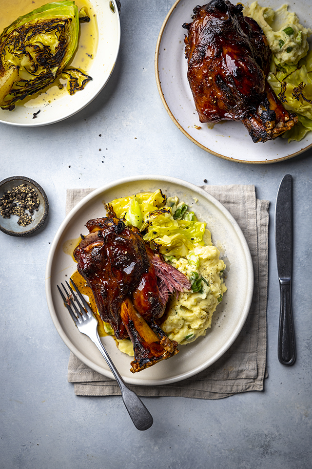Baked Honey, Whiskey & Mustard Ham Hocks with Champ & Buttery Savoy Cabbage | DonalSkehan.com