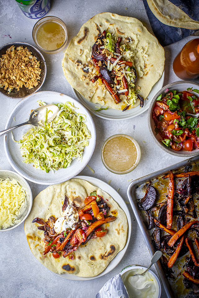 Roast Vegetable Fajitas with Homemade Tortillas, Fiery Salsa & Pickled Cabbage | DonalSkehan.com